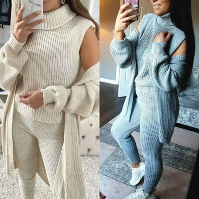 3 Piece Knitted Polo Lounge Set Light Grey