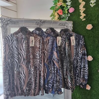 Animal Print Shirred Blouse Brown