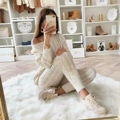 Cable Knit Oversized Top Lounge Set - 5 Colours Pink