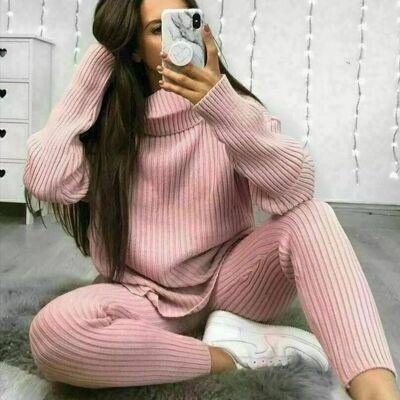 Knitted Ribbed Polo Neck Loungeset - 8 Colours Pink