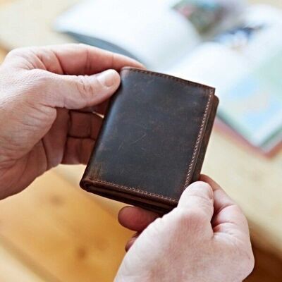 Portefeuille à trois volets en cuir de buffle marron