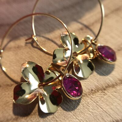 Stainless steel hoop earrings with flowers and Swarovski rhinestones