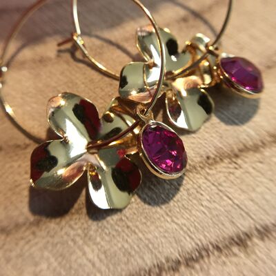 Stainless steel hoop earrings with flowers and Swarovski rhinestones