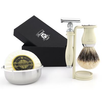 Kit de afeitado Haryali's Grace 2 Range - Marfil - Tejón de punta plateada - Maquinilla de afeitar de seguridad de doble filo