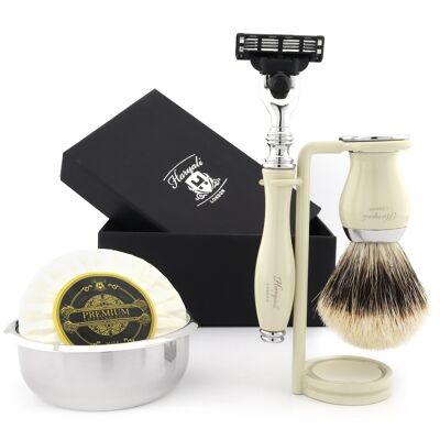 Kit de afeitado Haryali's Grace 2 Range - Marfil - Silver Tip Badger - Maquinilla de afeitar de 3 filos