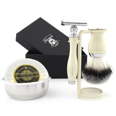 Kit de Rasage Haryali's Grace 2 Range - Ivoire - Pointe Argent Synthétique - Rasoir de Sécurité Double Tranchant