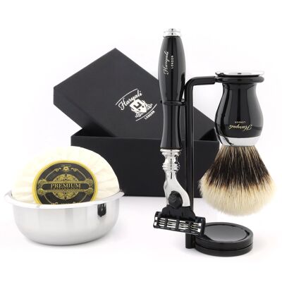 Kit de afeitado Haryali's Grace 2 Range - Black - Silver Tip Badger - Maquinilla de afeitar de 3 filos