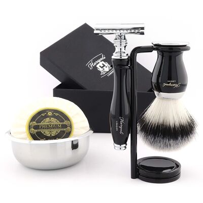 Kit de afeitado Haryali's Grace 2 Range - Negro - Punta de plata sintética - Maquinilla de afeitar de seguridad de doble filo