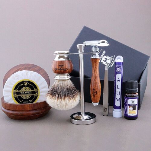 Haryali's Wooden Range Shaving Kit - Silver Tip Badger Hair - Double Edge Safety Razor