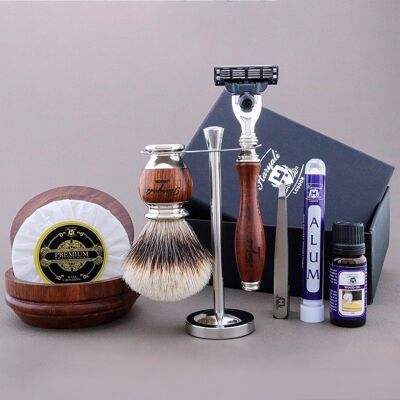 Kit da barba Haryali's Wood Range - Capelli di tasso con punta argentata - Rasoio a 3 bordi