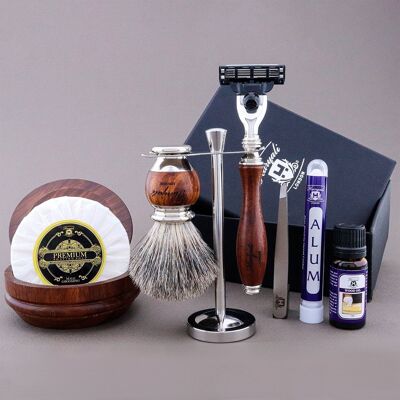 Kit de afeitado de la gama de madera de Haryali - Super Badger Hair - Maquinilla de afeitar de 3 filos