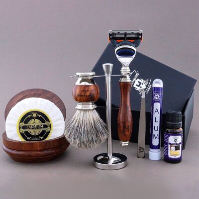 Kit da barba Haryali's Wood Range - Super Badger Hair - Rasoio a 5 bordi