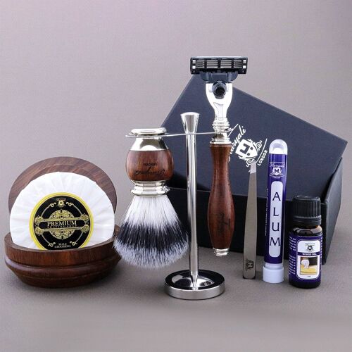 Haryali's Wooden Range Shaving Kit - Synthetic Silver Tip Hair - 3 Edge Razor