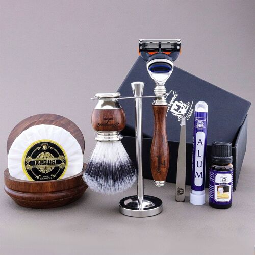 Haryali's Wooden Range Shaving Kit - Synthetic Silver Tip Hair - 5 Edge Razor