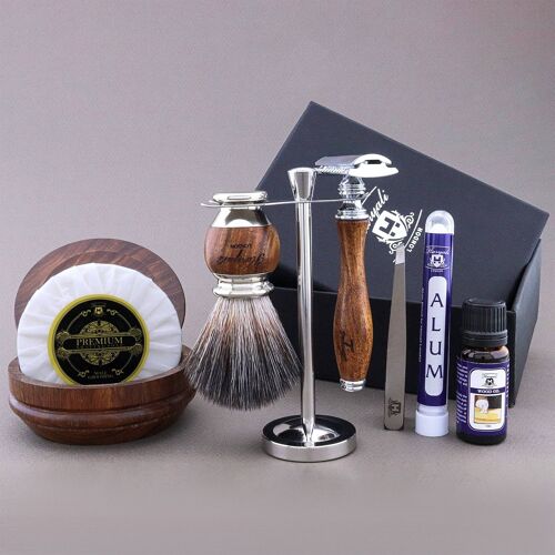 Haryali's Wooden Range Shaving Kit - Synthetic Black Hair - Double Edge Safety Razor