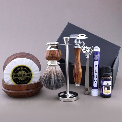 Kit de afeitado de la gama de madera de Haryali - Cabello negro sintético - Maquinilla de afeitar de seguridad de doble filo