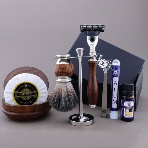 Haryali's Wooden Range Shaving Kit - Synthetic Black Hair - 3 Edge Razor