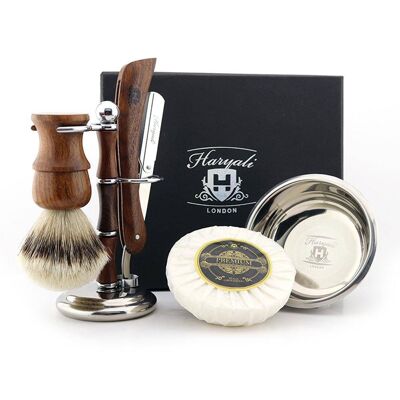 Haryali's Wooden Cut Throat Razor Kit - No Customization - Straight Razor - Silver Tip Badger Hair