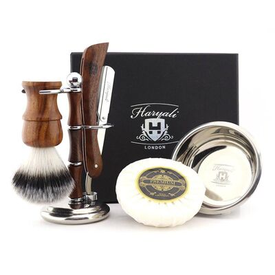 Haryali's Wooden Cut Throat Razor Kit - Keine Anpassung - Rasiermesser - Synthetisches Silberspitzenhaar