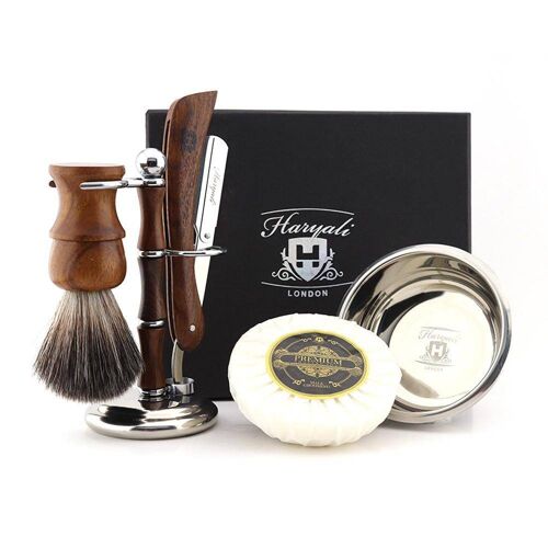 Haryali's Wooden Cut Throat Razor Kit - No Customization - Straight Razor - Synthetic Black Hair