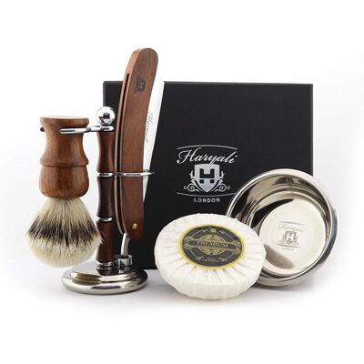 Haryali's Wooden Cut Throat Razor Kit - No Customization - Cut Throat Razor - Silver Tip Badger Hair