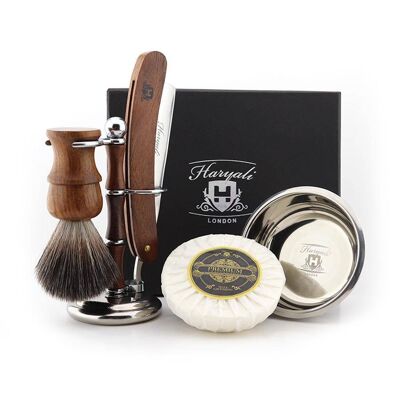 Haryali's Wooden Cut Throat Razor Kit - Keine Anpassung - Cut Throat Razor - Synthetisches schwarzes Haar