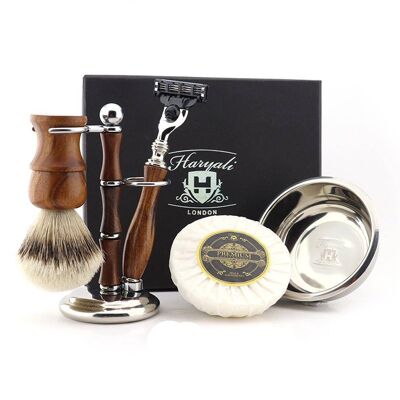 Haryali's Wooden Shaving Set - No Customization - Silver Tip Badger - 3 Edge Razor