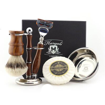 Set da barba in legno di Haryali - Nessuna personalizzazione - Tasso con punta argentata - Rasoio a 5 bordi