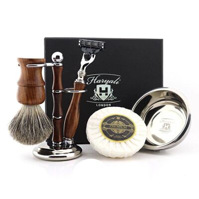 Set da barba in legno di Haryali - Nessuna personalizzazione - Super Badger - Rasoio a 3 bordi