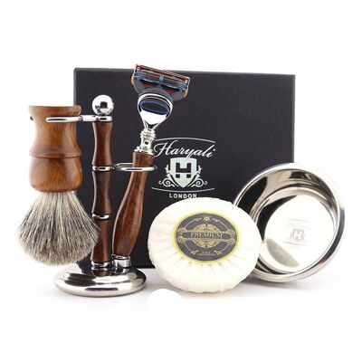 Set da barba in legno di Haryali - Nessuna personalizzazione - Super Badger - Rasoio a 5 bordi