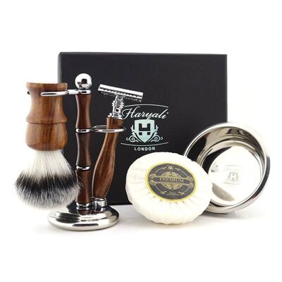 Haryali's Wooden Shaving Set - No Customization - Synthetic Silver Tip - Double Edge Safety Razor