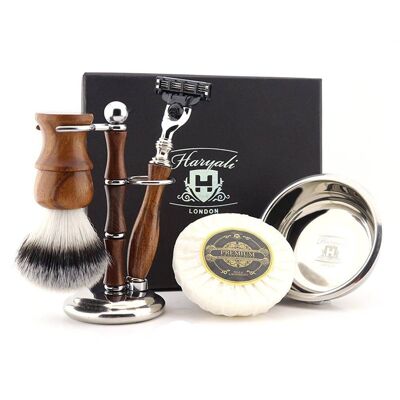 Haryali's Wooden Shaving Set - No Customization - Synthetic Silver Tip - 3 Edge Razor