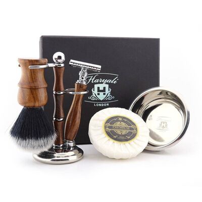 Haryali's Wooden Shaving Set - No Customization - Synthetic Black with White Tip - Double Edge Safety Razor