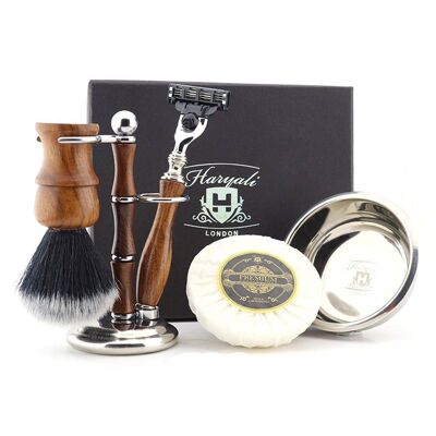 Haryali's Wooden Shaving Set - No Customization - Synthetic Black with White Tip - 3 Edge Razor