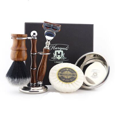 Haryali's Wooden Shaving Set - No Customization - Synthetic Black with White Tip - 5 Edge Razor