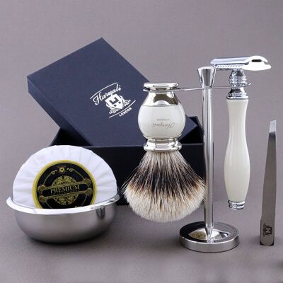 Haryali's Vase Range Shaving Kit - Ivory - Silver Tip Badger - Double Edge Safety Razor