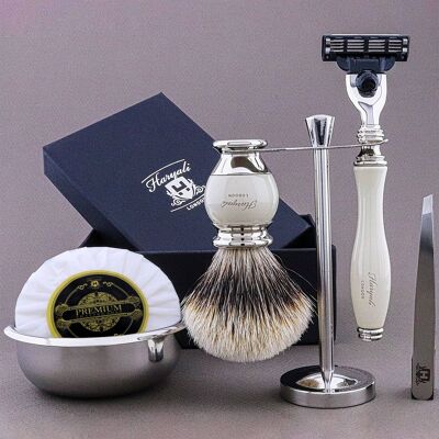 Kit da barba Haryali's Vase Range - Avorio - Tasso con punta argentata - Rasoio a 3 bordi