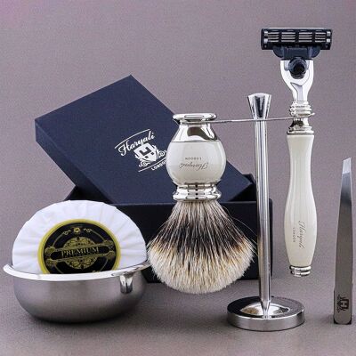 Haryali's Vase Range Shaving Kit - Ivory - Silver Tip Badger - 3 Edge Razor