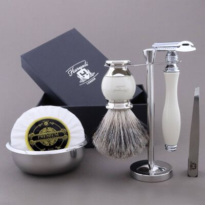 Kit da barba Haryali's Vase Range - Avorio - Super Badger - Rasoio di sicurezza Double Edge