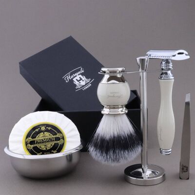 Kit de afeitado Haryali's Vase Range - Marfil - Punta de plata sintética - Maquinilla de afeitar de seguridad de doble filo