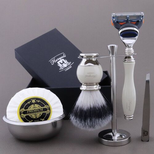 Haryali's Vase Range Shaving Kit - Ivory - Synthetic Silver Tip - 5 Edge Razor