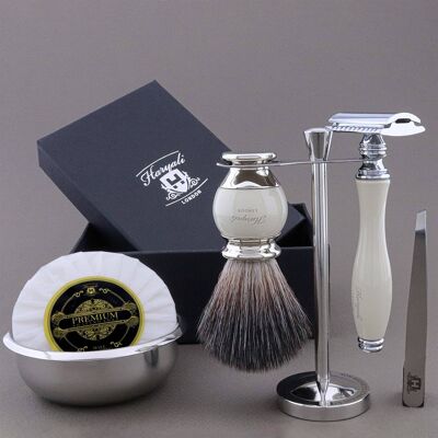 Kit de afeitado Haryali's Vase Range - Marfil - Negro sintético - Maquinilla de afeitar de seguridad de doble filo