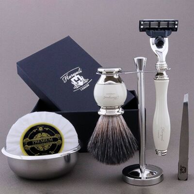 Kit de afeitado Haryali's Vase Range - Marfil - Negro sintético - Maquinilla de afeitar de 3 filos