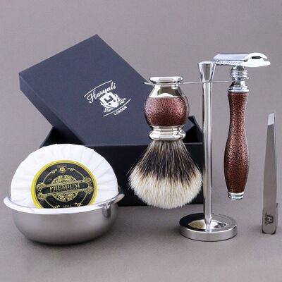 Kit da barba Haryali's Vase Range - Marrone antico - Tasso con punta argentata - Rasoio di sicurezza a doppio bordo