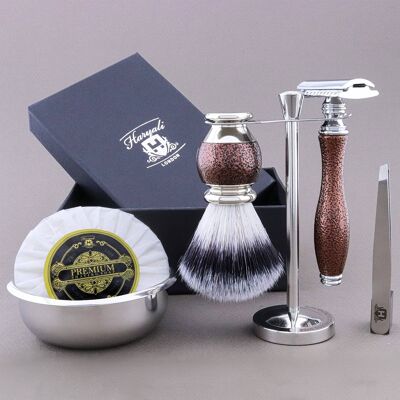 Kit da barba Haryali's Vase Range - Marrone antico - Punta in argento sintetico - Rasoio di sicurezza a doppio bordo