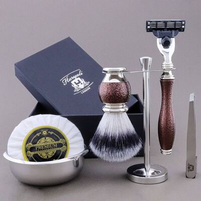 Kit da barba Haryali's Vase Range - Marrone antico - Punta in argento sintetico - Rasoio a 3 bordi