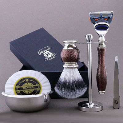 Kit da barba Haryali's Vase Range - Marrone antico - Punta in argento sintetico - Rasoio a 5 bordi