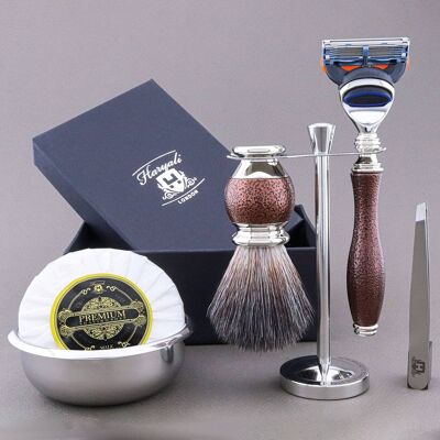 Kit da barba Haryali's Vase Range - Marrone antico - Nero sintetico - Rasoio a 5 bordi