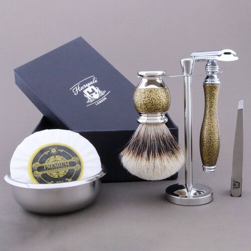 Haryali's Vase Range Shaving Kit - Gold Antique - Silver Tip Badger - Double Edge Safety Razor