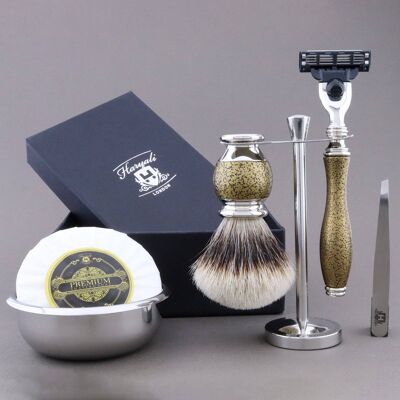 Haryali's Vase Range Shaving Kit - Gold Antique - Silver Tip Badger - 3 Edge Razor